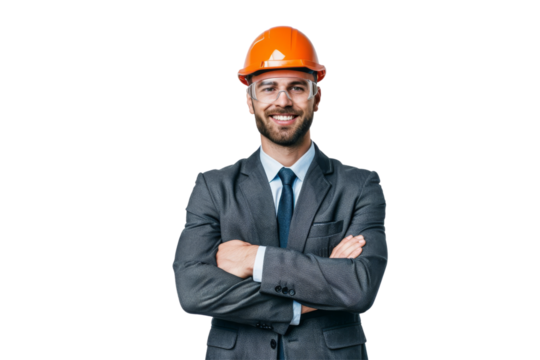 Smiling male engineer with arms folded, in formal attire and a construction helmet, isolated on white background