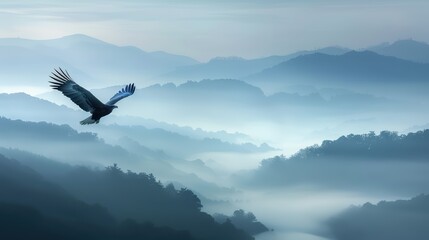 Fototapeta premium A high-resolution photograph featuring an eagle gliding effortlessly over a range of misty mountains
