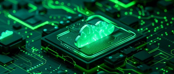 Fototapeta premium Cloud Computing Technology on circuit board with green neon light