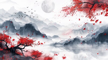Red Leaves Falling on Misty Mountains and a Lake