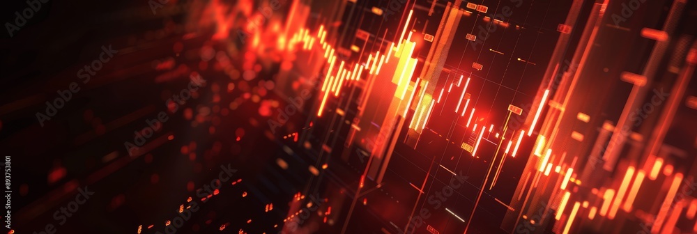 Poster abstract digital data background with shining orange and red lights representing technology and inno