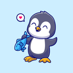 Obraz premium Cute Penguin Holding Fish Cartoon Vector Icon Illustration. Animal Nature Icon Concept Isolated Premium Vector. Flat Cartoon Style
