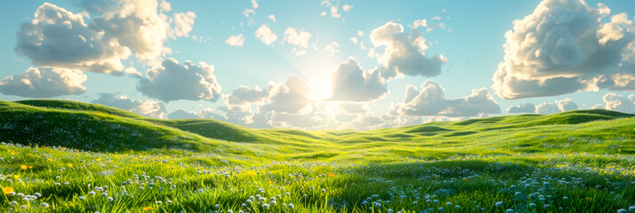 Fototapeta premium Spring green meadow with wild flowers, glass field with flowers in blue sky with cloud background for template and banner.