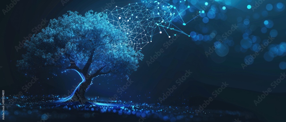 Poster tree wireframe polygonal lines and network connections technology background