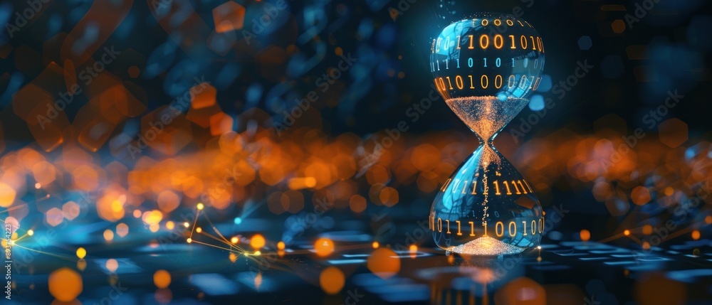 Poster futuristic hourglass with binary code on dark blue background