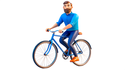 Cartoon man riding bicycle on transparent background