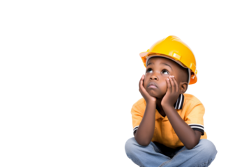 Small African boy in a hard hat waiting for a shipment at a warehouse Isolated on white background
