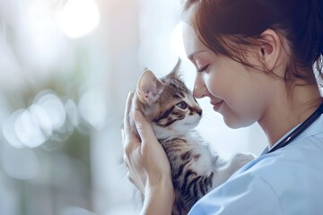 Female veterinarian holding kitten and smiling. Cute kitty on check-up visit in modern veterinary clinic. Pet care and medical exam concept. Banner with copy space