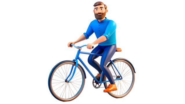 Cartoon man riding bicycle on transparent background
