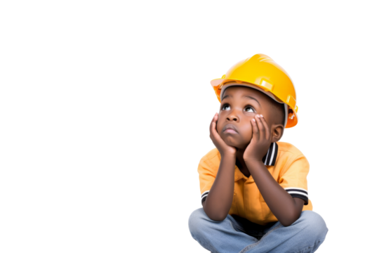 Small African boy in a hard hat waiting for a shipment at a warehouse Isolated on white background