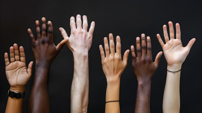 Shot of a group of human hands of different nationalities reaching up against a dark background. The concept of combating racial discrimination. International Day of People of African Descent.