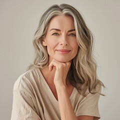beauty portrait of a smiling woman 45 years old with gray hair on a  neutral background, concept of natural female beauty and skin care, 