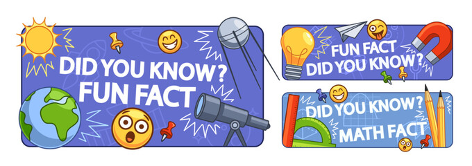 Colorful Vector Educational Banners Featuring Fun Facts With Various Science Elements Like The Sun, Earth, Telescope