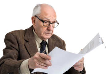 Seasoned professional looking over document, isolated on white background