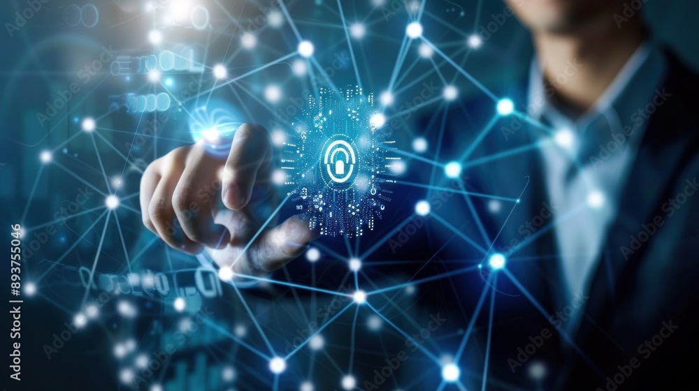 Poster person hand touching a futuristic digital interface with a glowing circular pattern