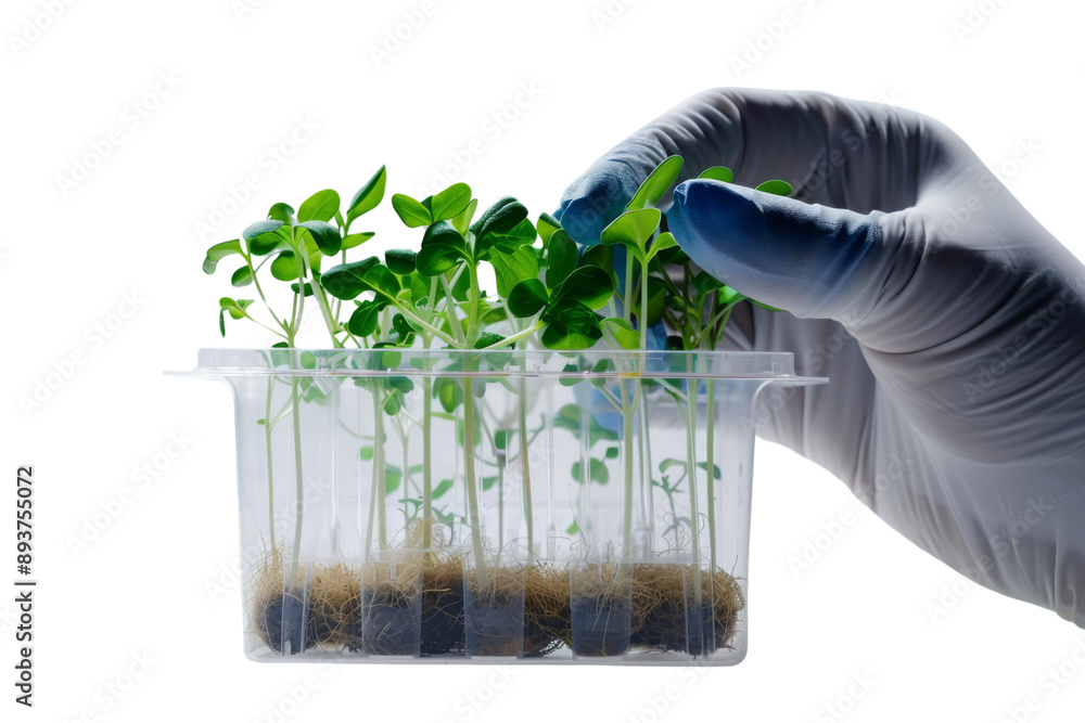 Poster scientist investigating seedlings in a laboratory container isolated on white background