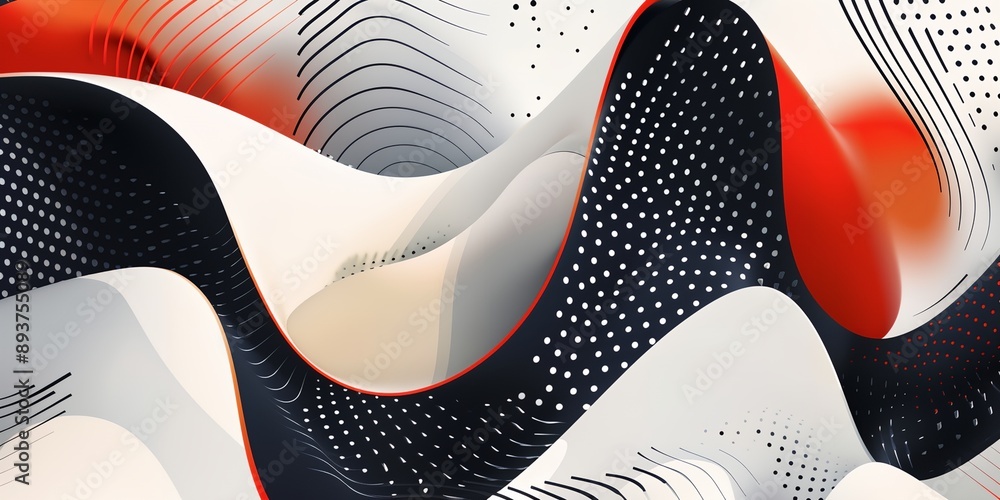 Poster a colorful wave with black and white dots. the image is abstract and has a modern feel to it