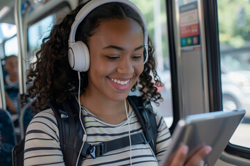 Woman Wearing Headphones Uses Tablet on Public Transportation
