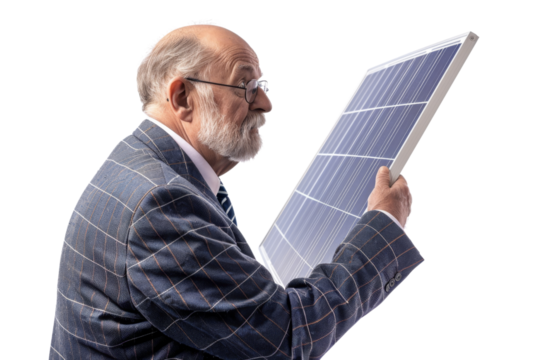 Senior businessman holding a solar panel and looking at it carefully Isolated on white background - Powered by Adobe