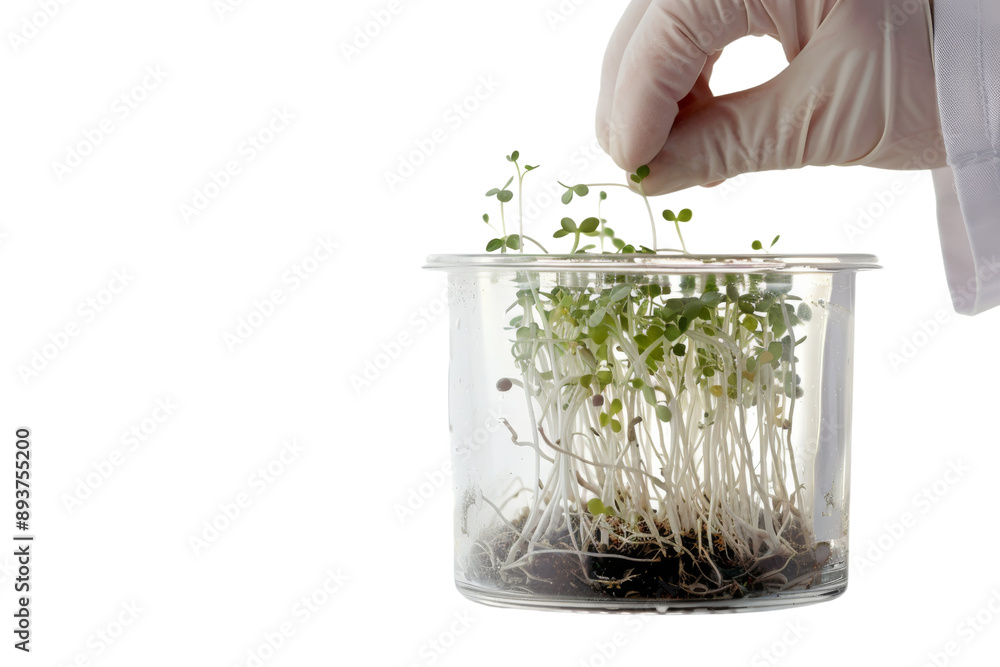 Poster scientist investigating seedlings in a laboratory container isolated on white background