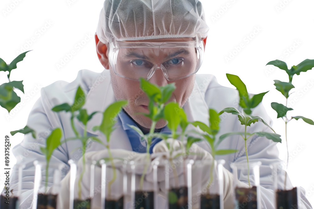 Poster scientist investigating seedlings in a laboratory container isolated on white background