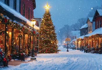 Christmas tree on snowy streets. Winter landscape of a small town decorated for Christmas and New Year.