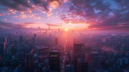 Fototapeta premium Sunset Over a Hazy Metropolis