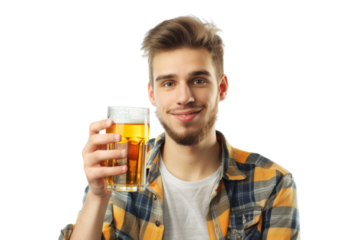 Relaxed young man holding beer glass isolated on white background