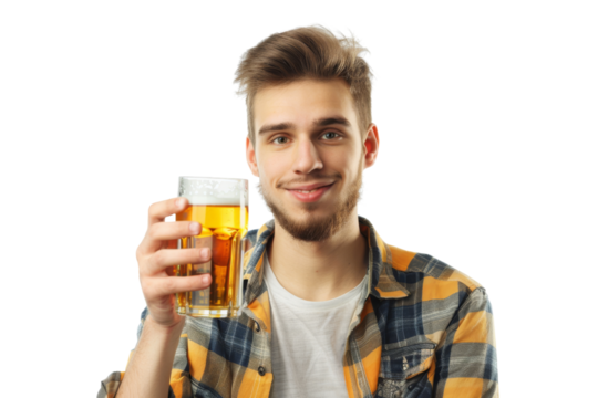 Relaxed young man holding beer glass isolated on white background