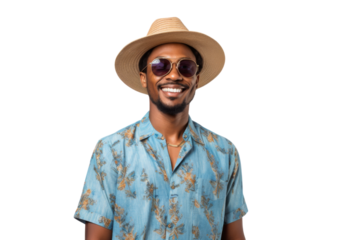 Relaxed ethnic man in summer outfit with sunglasses Isolated on white background