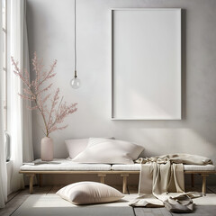 Aesthetic minimalist room interior design. Mockup picture frames. Mock up poster on the walls. Copy space. Clean scandi apartment for decoration. Neutral colors. Modern style.
