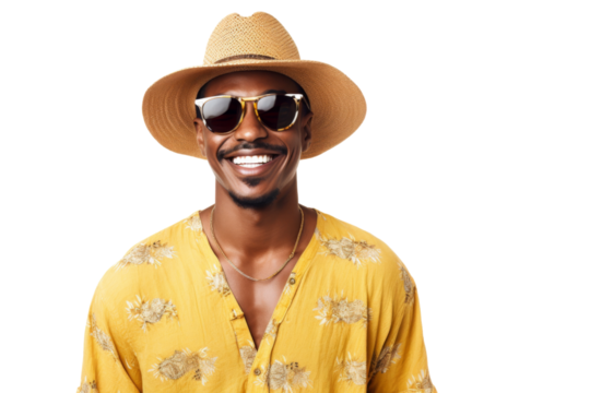 Relaxed ethnic man in summer outfit with sunglasses Isolated on white background
