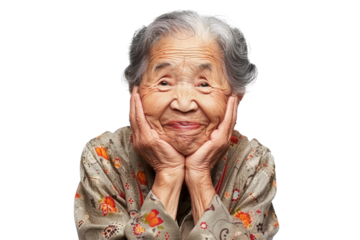 Radiant elderly Asian woman with a cheerful demeanor, isolated on white background