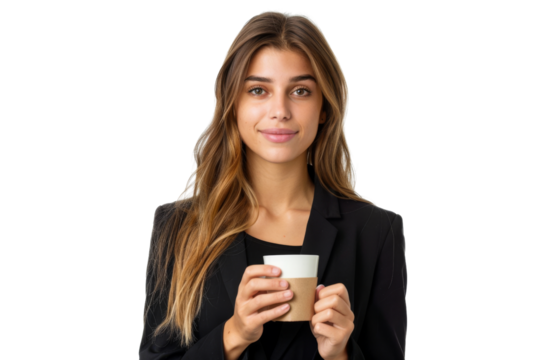 Reflective businesswoman holding a cup of coffee, isolated on white background 26db5978da94