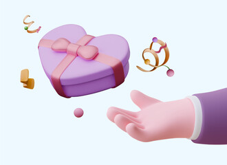 Realistic hand, heart shaped gift box, confetti and streamer