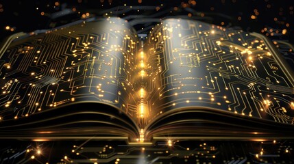 A visually striking design featuring an open book on a black background, with glowing golden circuit lines emerging from its pages, representing innovation and knowledge