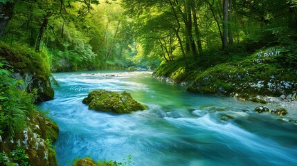 Obraz premium Lush Green Forest Surrounding a Tranquil River in the Daytime