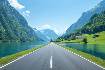 A scenic highway alongside a river with a charming village in the background