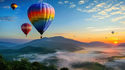 Fototapeta premium Colorful Hot Air Balloons Soaring Over Misty Mountains at Sunrise