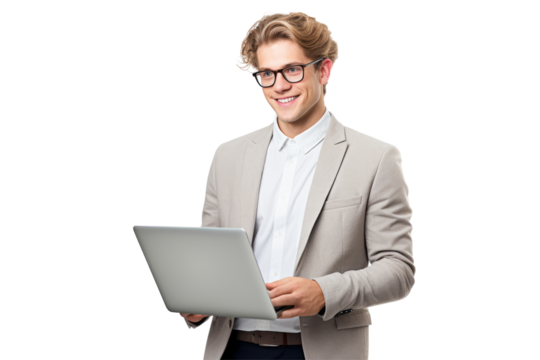 Queer man in business attire holding a laptop and smiling Isolated on white background