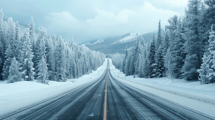 A winter highway scene with snowcovered trees and icy roads