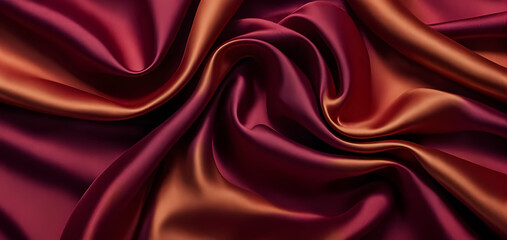 Obraz premium Flowing silk fabric with dynamic waves and folds, shimmering satin texture in rich purples, reds, and golds against dark background