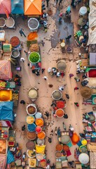 Obraz premium Aerial View of Bustling Moroccan Market with Colorful Stalls, Spices, and Fabrics for Cultural Richness