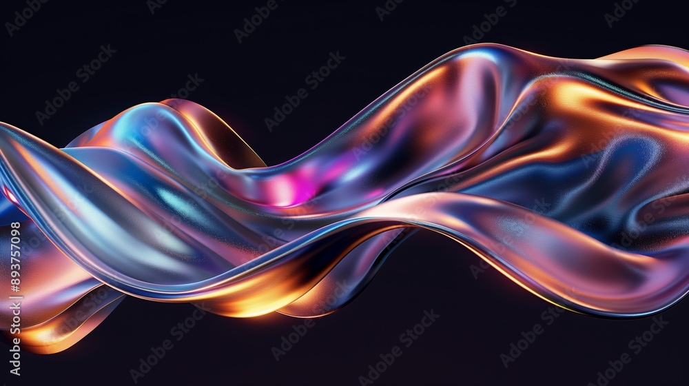 Poster abstract colorful waves with metallic sheen against a dark background, creating a fluid motion.