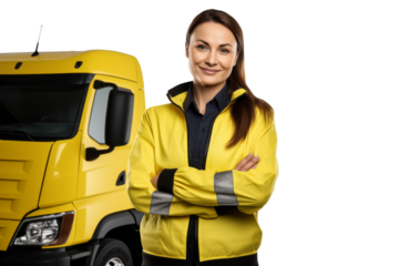 Professional woman truck driver with reflective jacket Isolated on white background