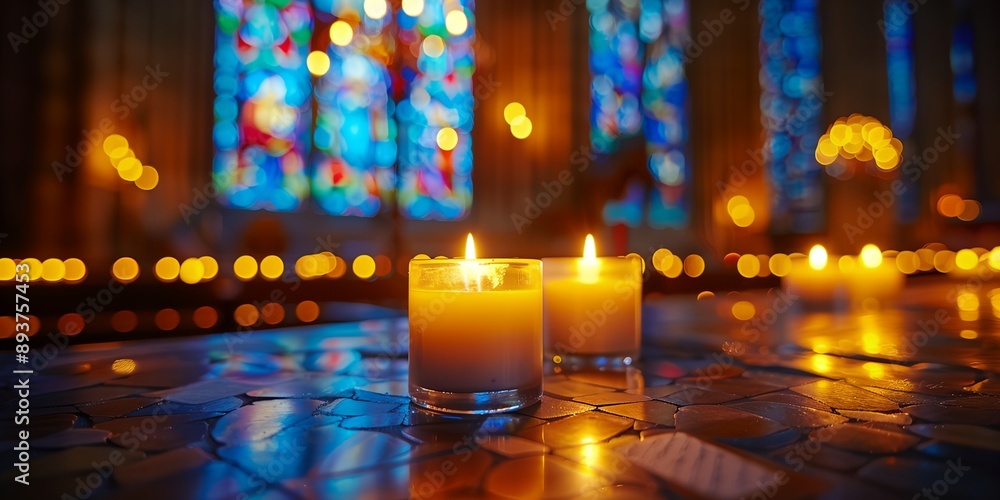 Poster a candlelit table with two candles in glass containers. the candles are lit and the table is illumin