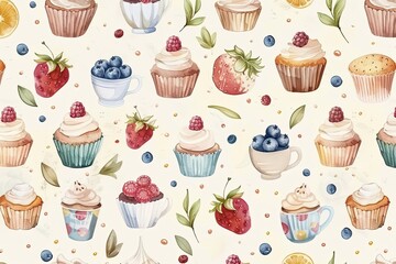 pattern of assorted cupcakes and berries, perfect for confectionery backgrounds and pastry themes.