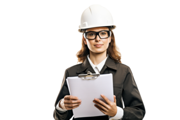 Professional female engineer with safety goggles and clipboard Isolated on white background