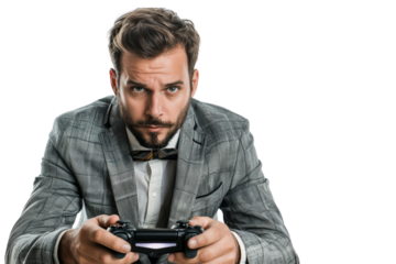 Professional businessman immersed in a handheld video game, isolated on white background