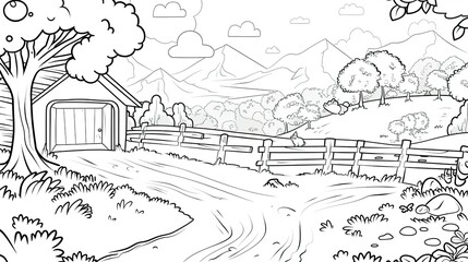 Obraz premium Black And White Illustration Of A Rural Farm Scene With A Barn, Fence, And Rolling Hills